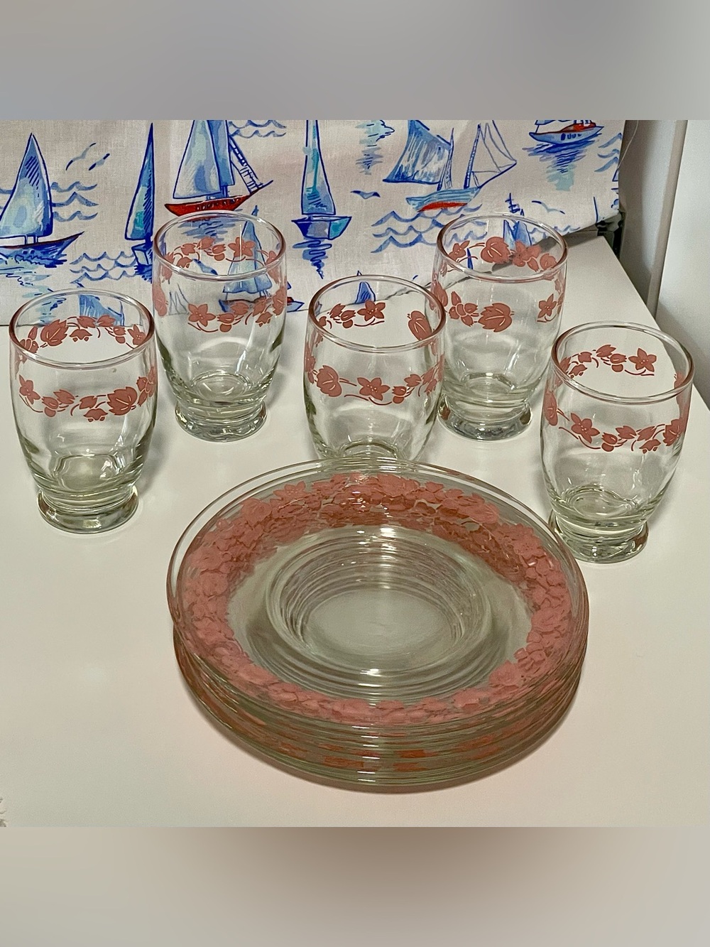 Vintage Anchor Hocking Gooseberry Pink Bread/Dessert Plates & Juice Glasses